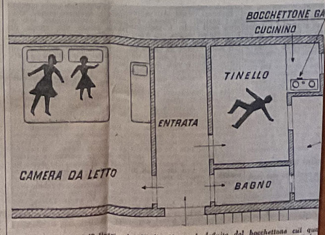 La pianta dell'alloggio dei Virdis con la ricostruzione della dinamica del delitto