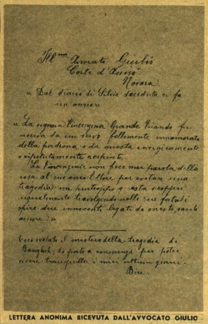 Copia di una lettera anonima inviata all'avvocato di Ettore Grande durante il processo