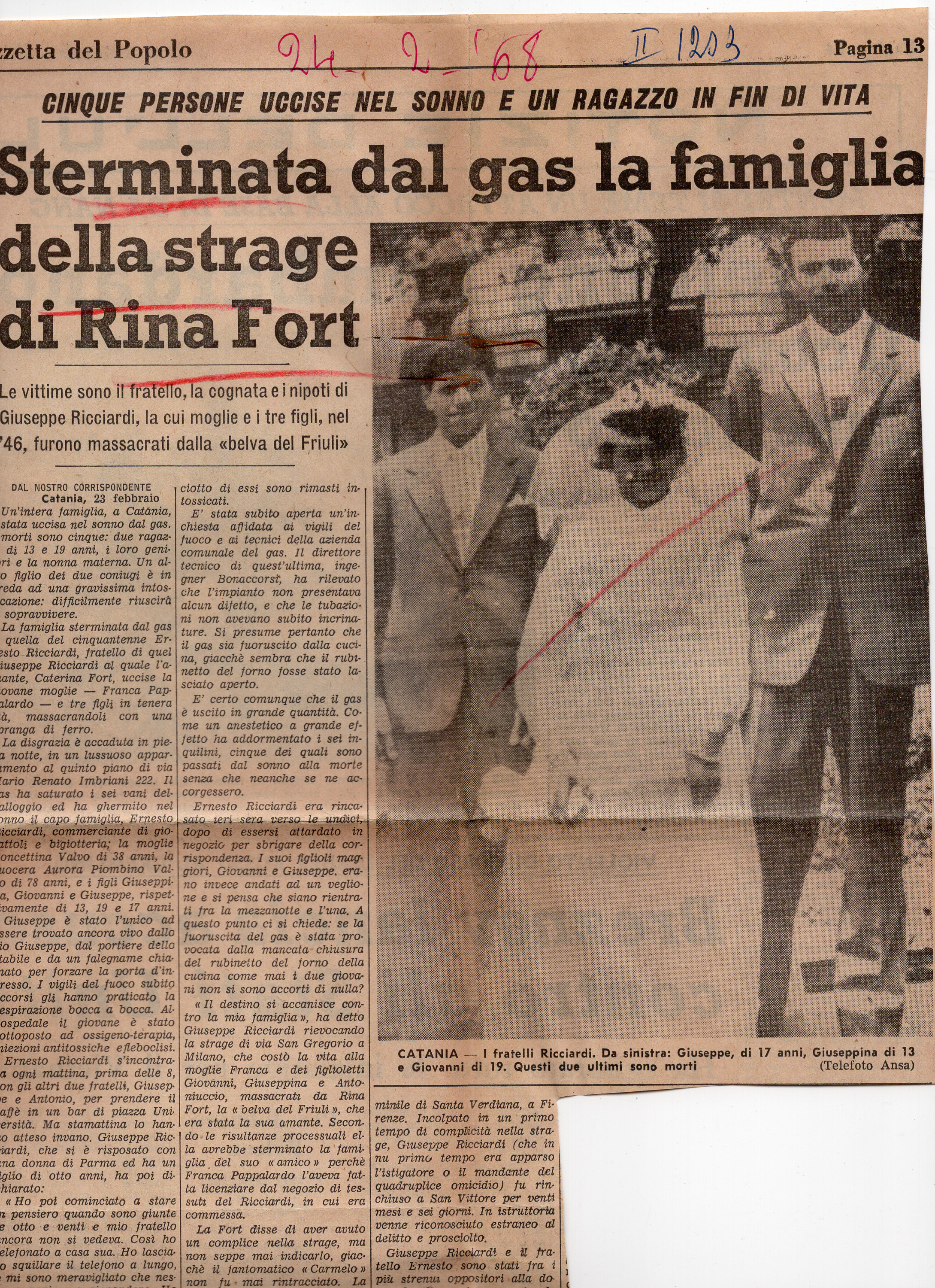 I nipoti di Giuseppe Ricciardi, vittime di una fuga di gas nel loro appartamento a Catania