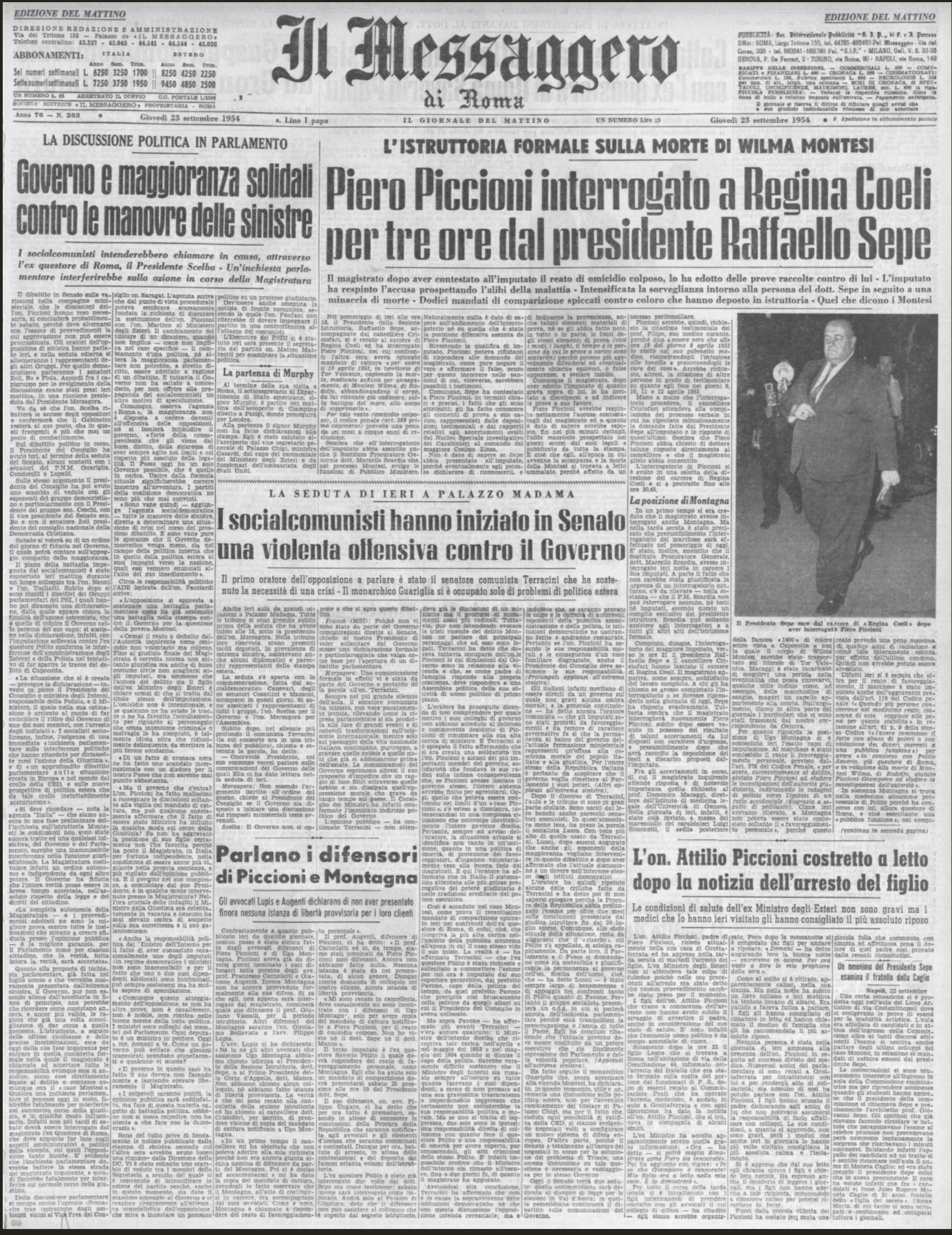 Piero Piccioni interrogato a Regina Coeli per tre ore dal presidente Raffaello Sepe